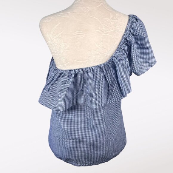 Joe’s Collection One Shoulder Ruffle Gingham Top Blue White Size Small - Picture 5 of 8